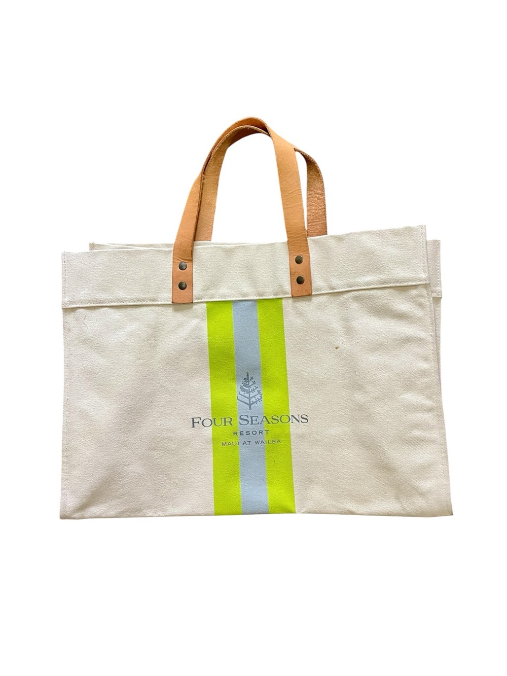 Four Seasons Resort Maui at Wailea Canvas Tote Leather Handles Neon Stripe